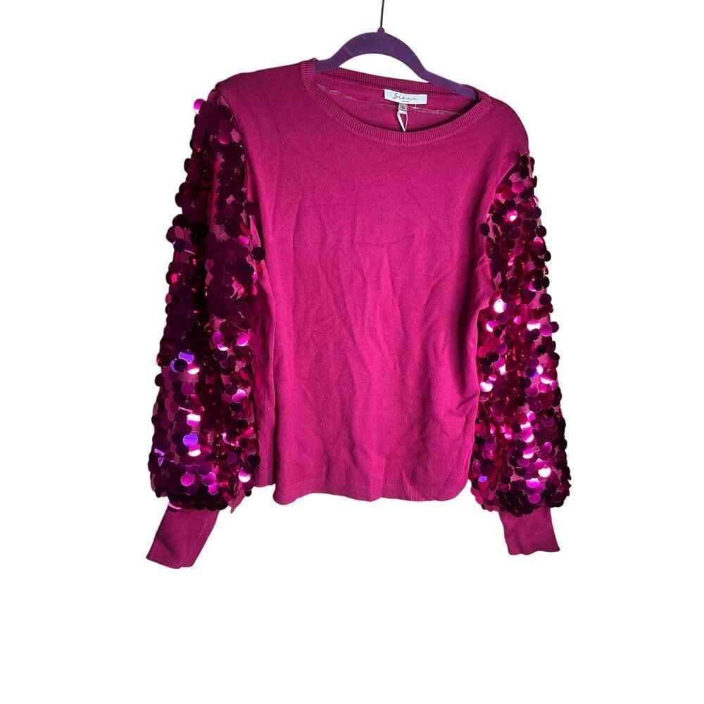 Sioni Milano‎ Sequin Sleeve Sweater Crew Neck Knit Fuschia Pink Womens XL NWT